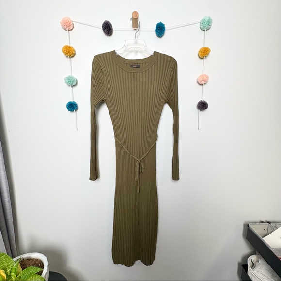 Quince Cotton Cashmere Ribbed Long Sleeve Crew Midi Dress in Olive - Picture 2 of 9